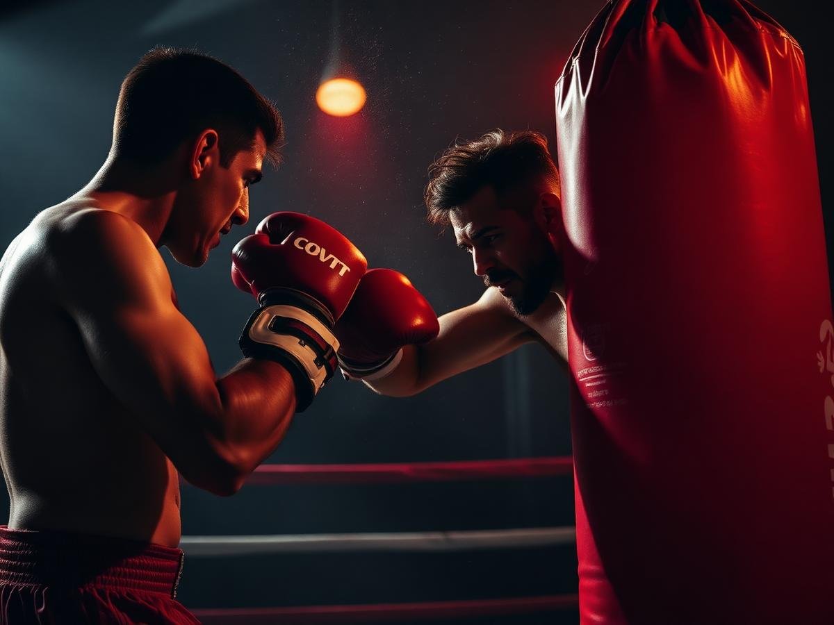 Boxer training on a heavy bag