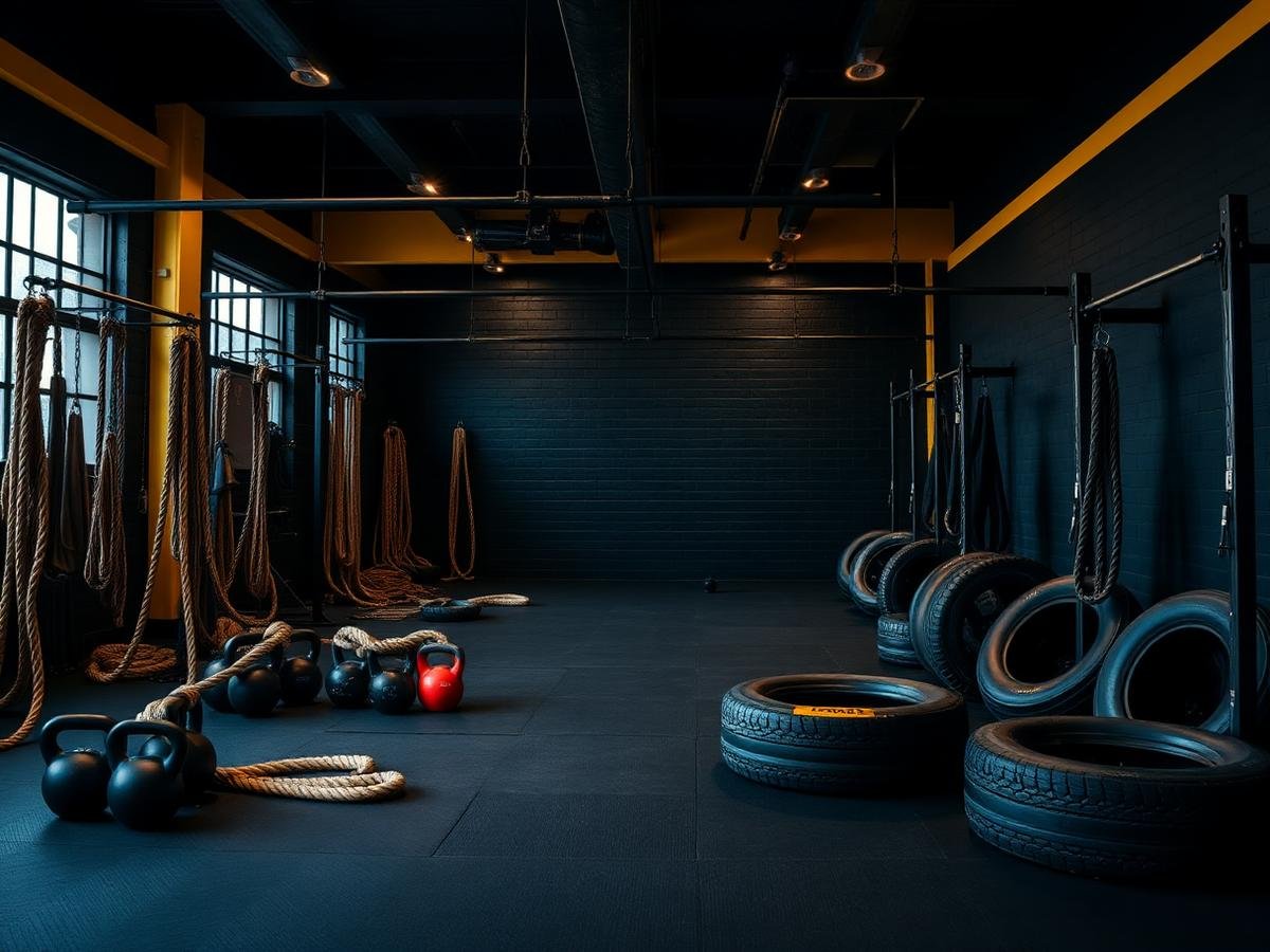 Functional training zone with battle ropes and kettlebells