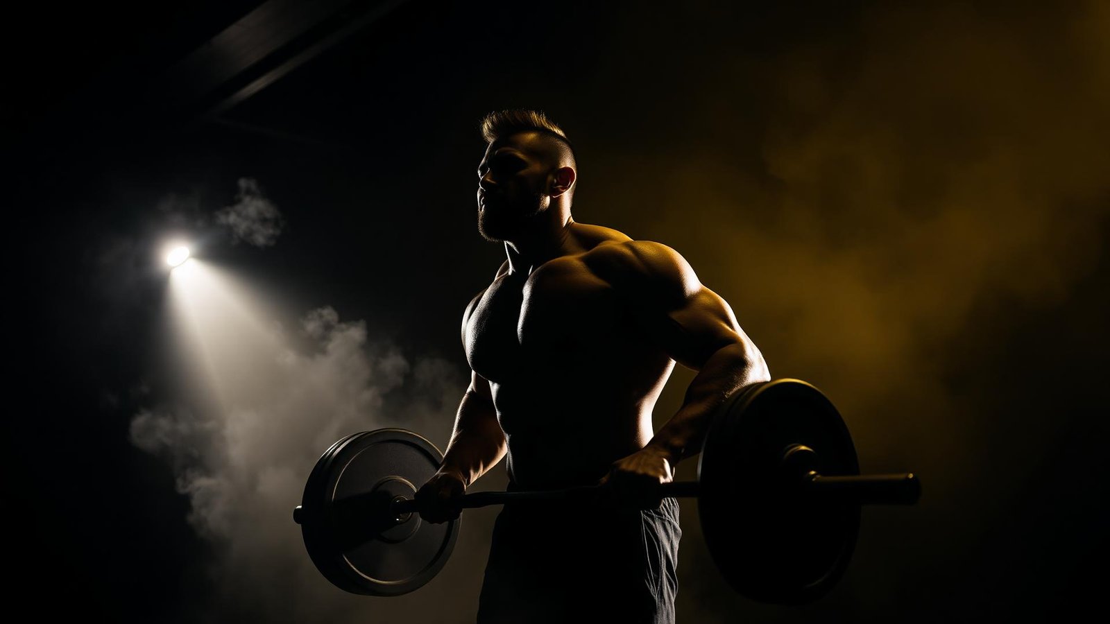 Heavy lifting under dramatic gym lighting